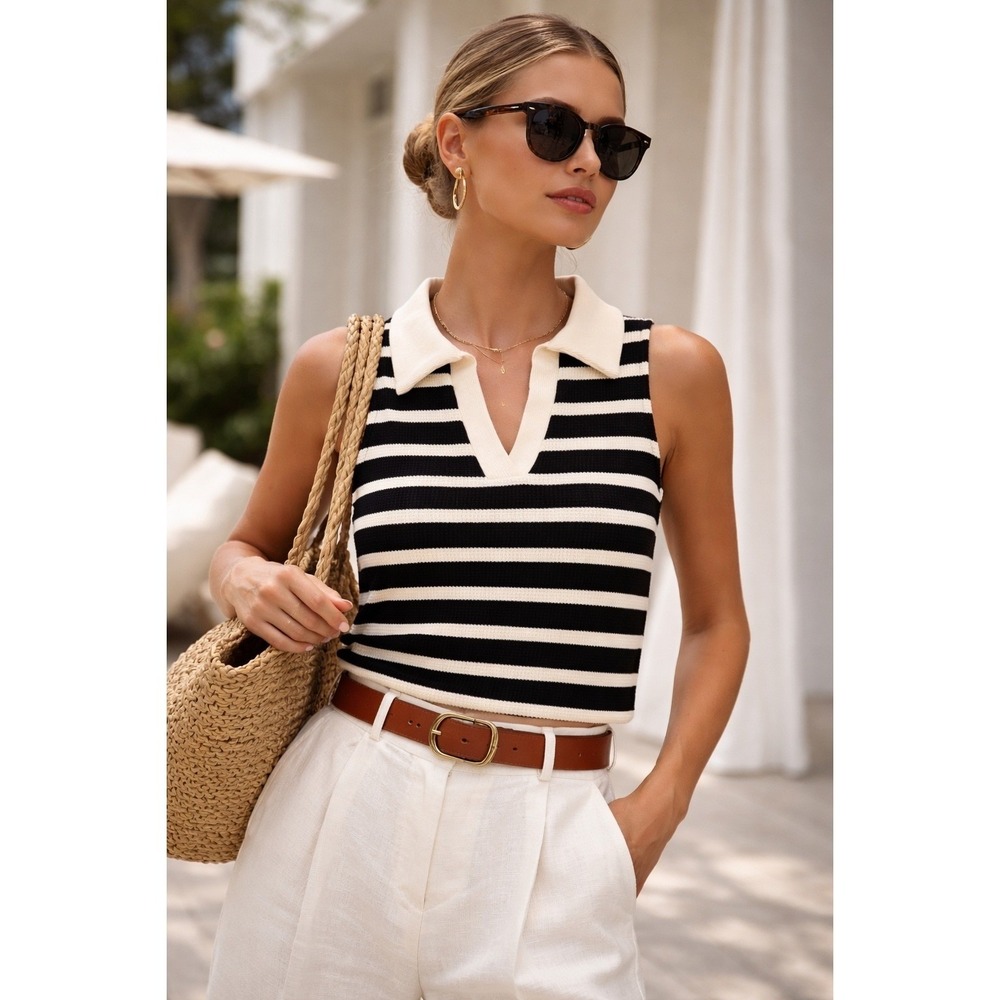 French Girl Coastal Striped Knit Polo Tank Top Shirt Old Money Chic Luxe SZ S
